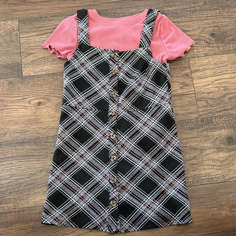 SO Pink and Black Plaid Pinafore Dress Set